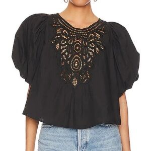 Free People Black Puff Sleeve Embellished Blouse